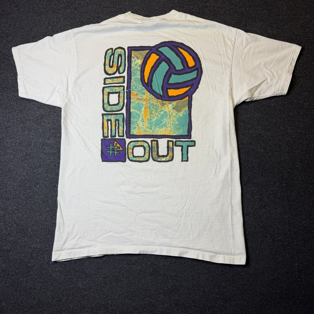 Vintage 90s Sideout T-Shirt Mens Large White Volleyball Graphic Made in USA